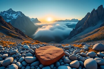 Rocky mountain valley with sea of clouds at sunrise stone pebble