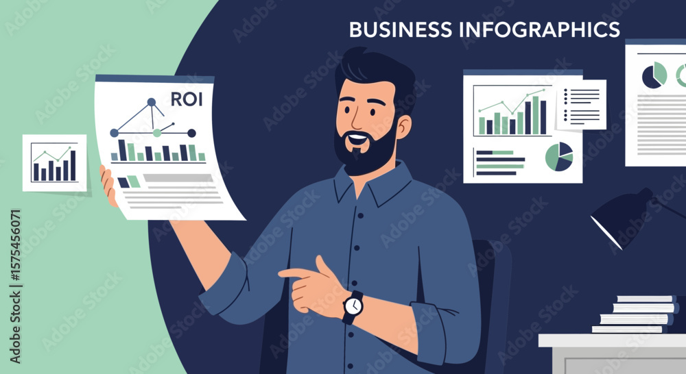 Poster man presenting business data and return on investment analysis in infographics