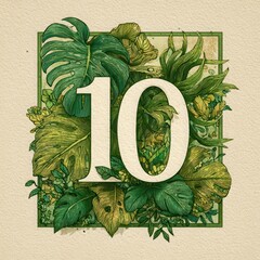 Tropical Foliage Botanical Illustration: Vibrant Artistic Hand-Drawn Number in Lush Greenery Design.
