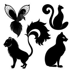 Black animal silhouettes including lion and cats squirrel fantasy creature
