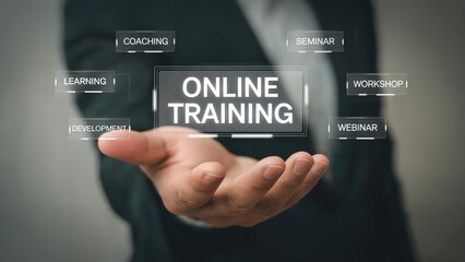 Online training solutions presented on a hand, offering coaching and development programs.