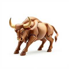 Stylized wooden bull sculpture with golden horns in a charging pose on a white background