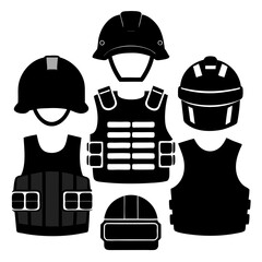 Black bulletproof vests and helmets collection tactical gear protection