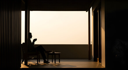 Serene Sunrise Coffee Moment on a Balcony with Scenic Horizon View