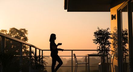 Serene Sunrise Coffee Moment on a Balcony with Scenic Horizon View