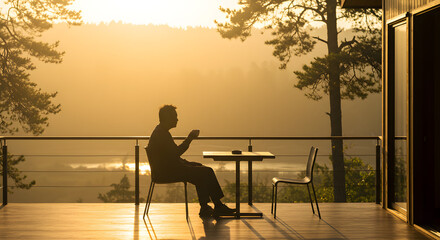 Serene Sunrise Coffee Moment on a Balcony with Scenic Horizon View
