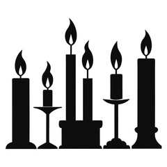 Black candle silhouettes with varied flames and holders burning light