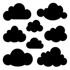 Black cartoon clouds scattered across white background vector