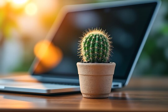 Small green cactus in terracotta pot on wooden desk with laptop plant - Powered by Adobe