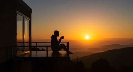 Serene Sunrise Coffee Moment on a Balcony with Scenic Horizon View
