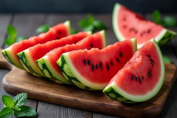 Sliced juicy watermelon wedges with black seeds on wooden board with mint leaves