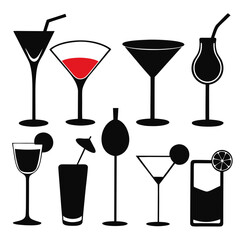 Assorted cocktail glasses with garnishes drinkware