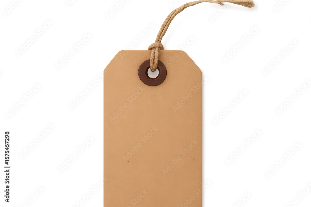 Poster light brown cardboard tag dangling from knotted string, neutral background, awaiting personalization