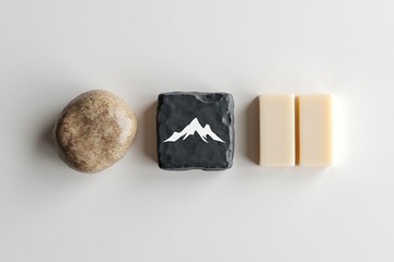 Smooth stone dark soap with mountain logo and two pale bars rock pebble