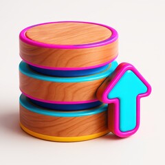 Stacked wooden cylinders with colorful trim and a bright blue arrow pointing upwards on white