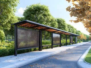 Modern bus shelter with patterned panels in a park setting.