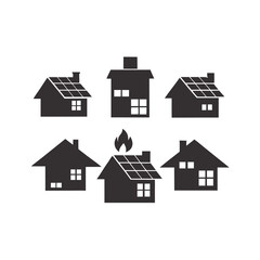 Black house silhouettes with solar panels and one on fire home energy