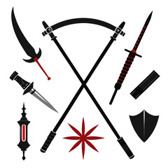 Black and red weapon collection with crossed scythes
