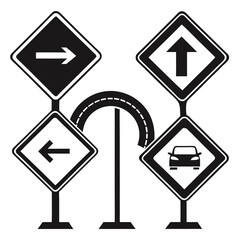 Black and white road signs with directional arrows and car symbol