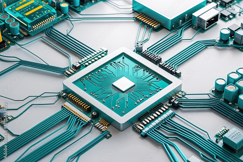 Poster artistic turquoise circuit network overview engaging technology interface design on clean white back