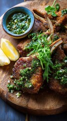 Rustic Wooden Platter of Lamb Chops with Herbal Garnish and Fresh Lemon Slices: A Modern Gourmet Dining Experience in Vibrant Food Photography.