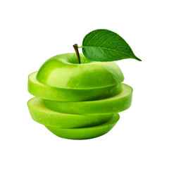 Sliced green apple fruit with leaf on transparent background