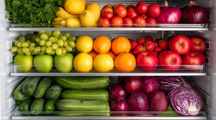 Fresh fruits and vegetables organized in the fridge