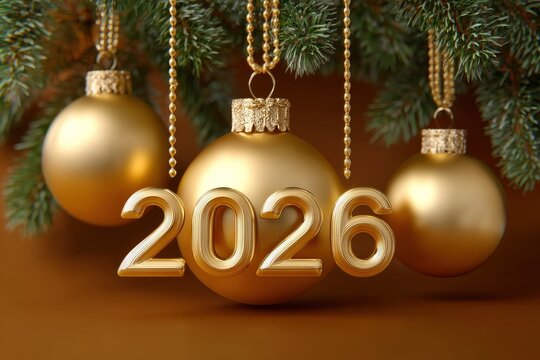 Gold 2026 numbers adorn gold Christmas balls under pine needles with gold beads
