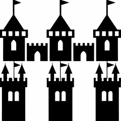 Fototapeta premium Black medieval castle towers with flags and crenellations fortress architecture