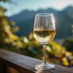 Golden Sunset Reflections: Elegant Wine Glasses Amidst a Rustic Balcony and Vineyard Vibes.