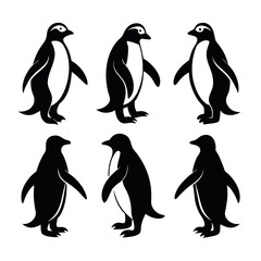 Black penguin silhouettes various walking poses white animal