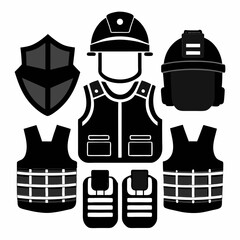Black protective vests helmets and shield assortment bulletproof vest tactical gear