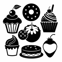 Black dessert icons cherry donut cupcake strawberry cake