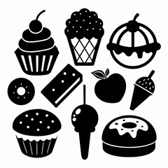 Black dessert icons cupcake donut ice cream apple cherry