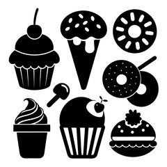 Black dessert icons cupcake donut ice cream lollipop