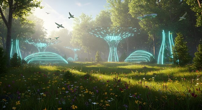 "Green plains with robotic trees filtering the air, eco-tech wind turbines, futuristic sustainable nature reserve, sunrise view"