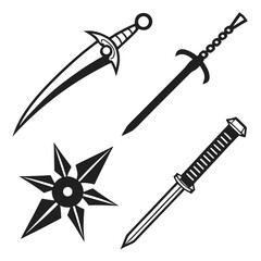 Black silhouette collection of ninja weapons including swords and shuriken throwing star