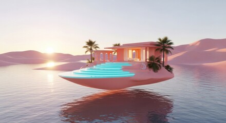 Fototapeta premium Modern Floating Villa with Pool Surrounded by Palms in Sunset Over Water
