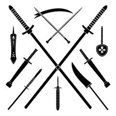 Black silhouette collection of diverse martial arts weapons swords scythe