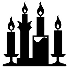 Black silhouette of four lit candles with varied heights and designs flame black and white