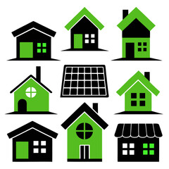 Black green house icons solar panel home building