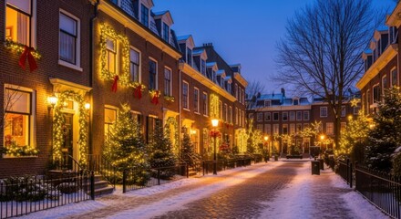 Festively Decorated Townhouse Row with Christmas Lights and Snowy Street Scene at Night
