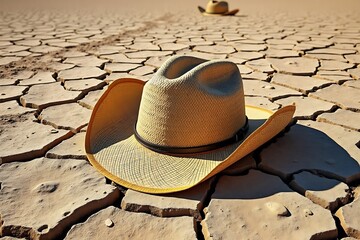 Straw cowboy hat resting on cracked dry earth in desert landscape image