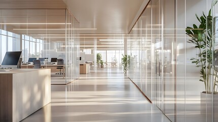 Modern office space with glass partitions and natural light.