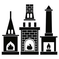Black silhouettes of fireplaces with flames chimney