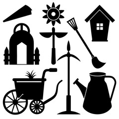 Black silhouettes of garden tools and structures white