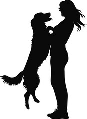 Happy Woman and Dog Silhouette Standing Together