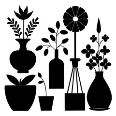 Black silhouettes of potted plants and vases floral