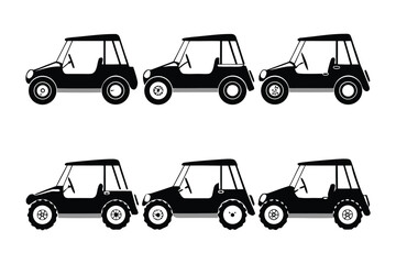 Golf Cart Variations: A collection of six sleek, side-profile illustrations of golf carts, showcasing subtle design variations in a simple black-and-white aesthetic.  Ideal for website design.