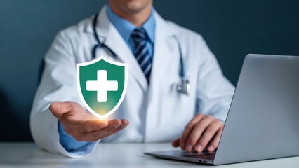 Doctor offers medical security shield symbol for protection and safety